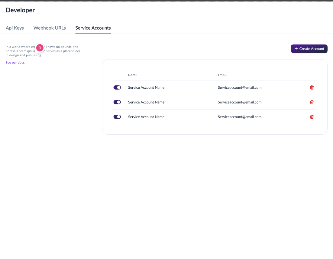 Service Accounts Page