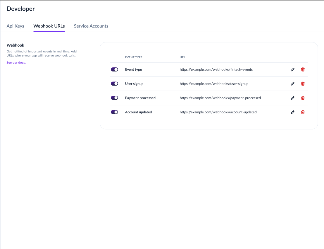 Webhooks Configuration Page